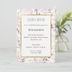 Blush Pink Hearts Purple Flowers Birthday Invitation