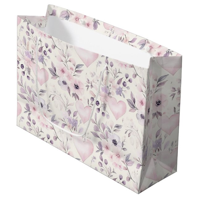 Blush Pink Hearts Purple Flowers Birthday Large Gift Bag (Front Angled)
