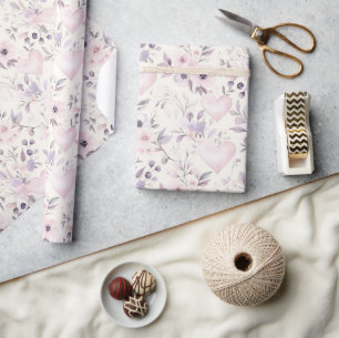 Blush Pink Hearts Purple Flowers Birthday Wrapping Paper