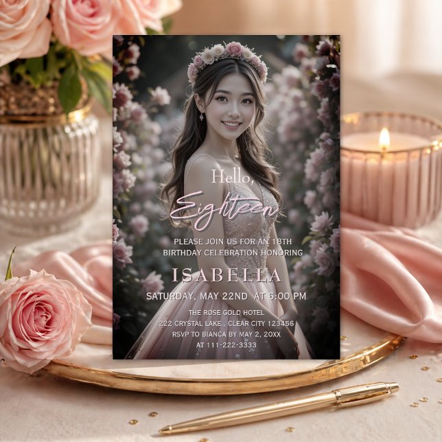 Blush Pink Hello Eighteen Photo Invitation (Blush pink 18th birthday invitation with soft floral and elegant photo design)