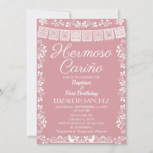 Blush Pink Hermoso Cariño Baptism & First Birthday Invitation