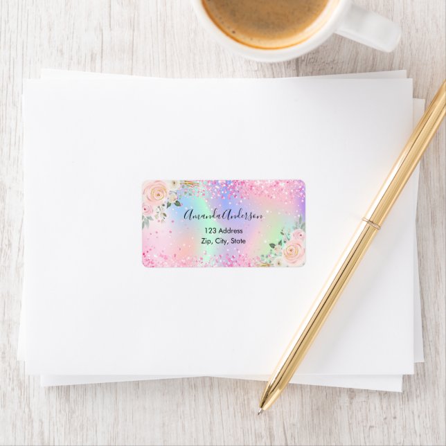 Blush pink holographic floral return address label (Insitu)