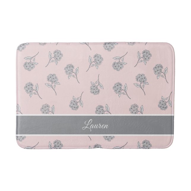 Blush Pink Hydrangea Floral Pattern Monogram Bath Mat (Front)