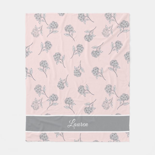  Blush Pink Hydrangea Floral Pattern Monogram Fleece Blanket (Front)