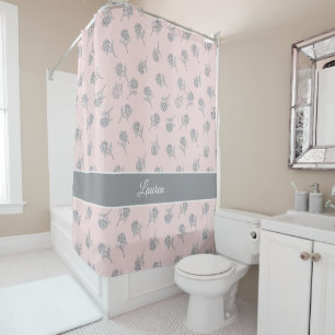 Blush Pink Hydrangea Floral Pattern Monogram Shower Curtain