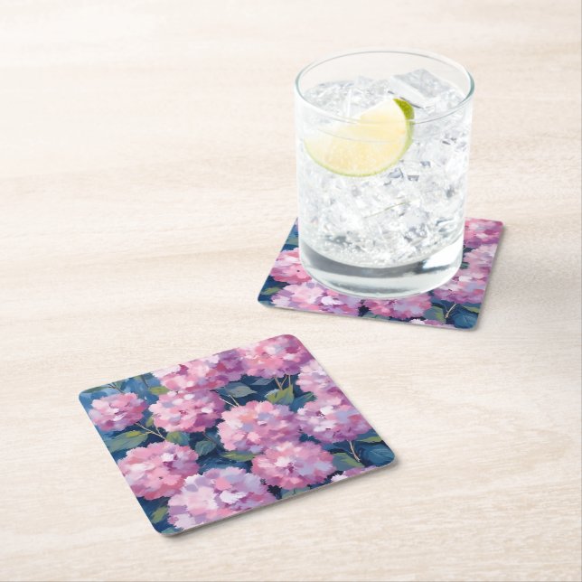 Blush Pink Hydrangeas Floral Square Paper Coaster (Insitu)
