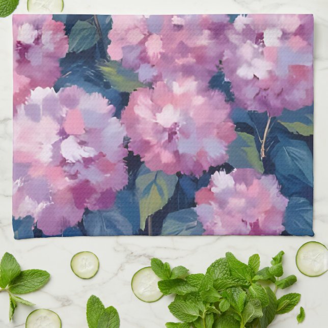 Blush Pink Hydrangeas Floral Tea Towel (Folded)