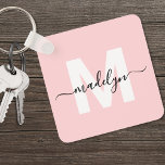 Blush Pink Initial Name Monogram Key Ring<br><div class="desc">Create Your Own Stylish Modern Custom World Traveller Girly Blush Pink Monogram Square Keychain. This cute square keychain brings a fun and modern touch to your everyday essentials. The design features a bold white monogram initial centred on a soft blush pink background, with your name in elegant black script layered...</div>