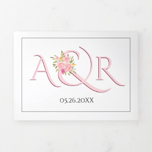 Blush pink initials, ampersand pink roses wedding Tri-Fold invitation