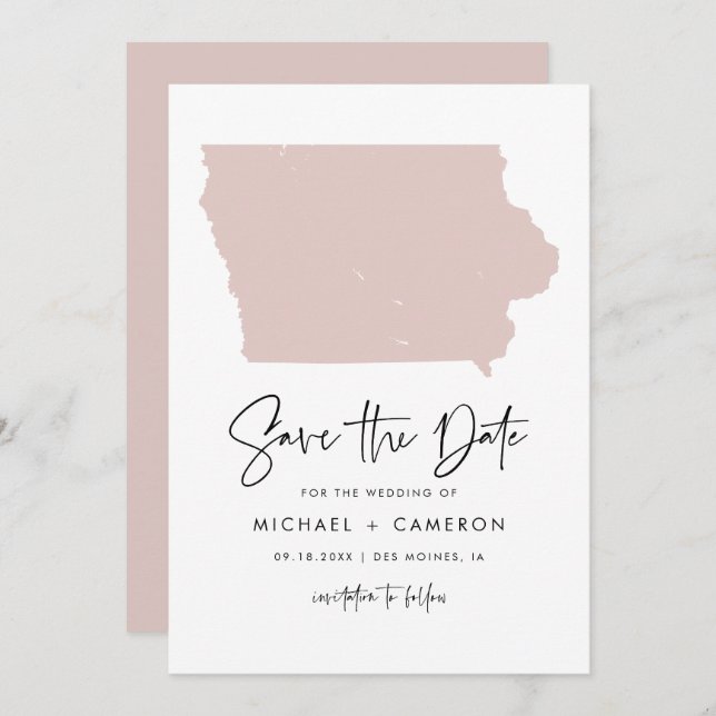 Blush Pink Iowa Map Minimalist Script Wedding Save The Date (Front/Back)