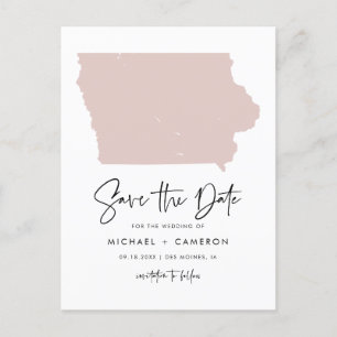 Blush Pink Iowa Map Modern Script Save the Date Announcement Postcard