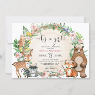 Blush Pink Its A Girl Woodland Animals Baby Shower Invitation