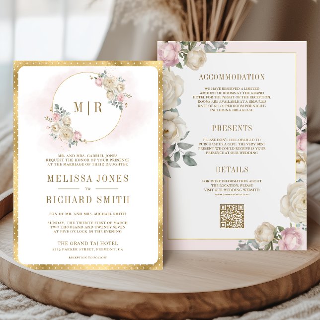 Blush Pink Ivory Floral Gold All in One Wedding Invitation (Creator Uploaded)