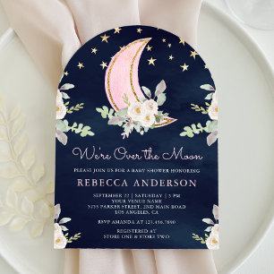 Blush Pink Ivory Floral Moon Arch Navy Baby Shower Invitation