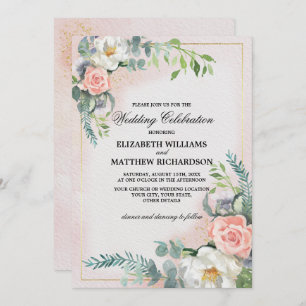 Blush Pink Ivory Floral Watercolor Wedding Invitation