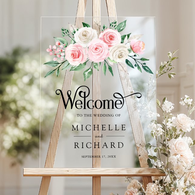 Blush Pink Ivory Floral Wedding Welcome Acrylic Sign (Creator Uploaded)