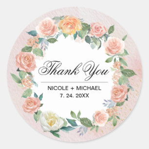  Blush Pink Ivory Floral Wreath Wedding Thank You Classic Round Sticker