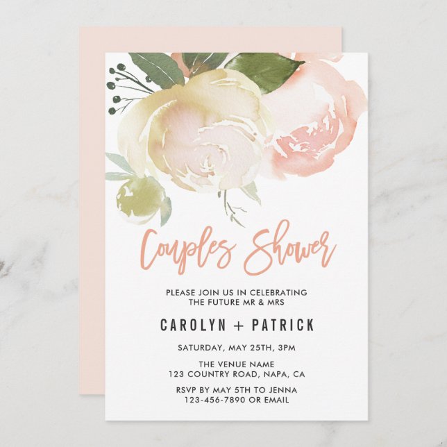 Blush Pink Ivory Peony Couples Shower Invitation (Front/Back)