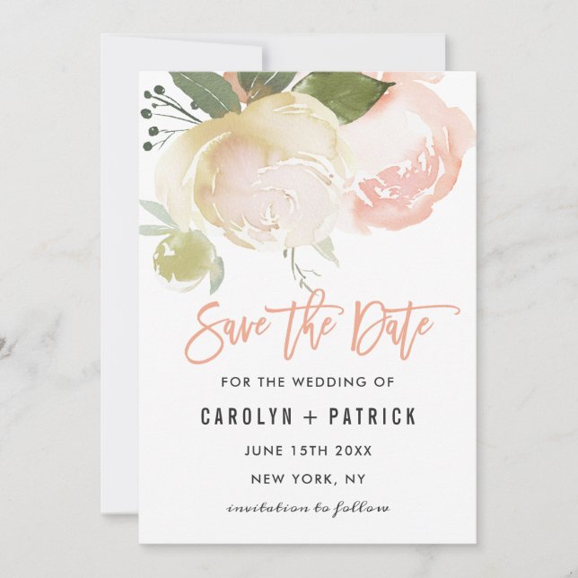 Blush Pink Ivory Peony Wedding Save the Date (Front)