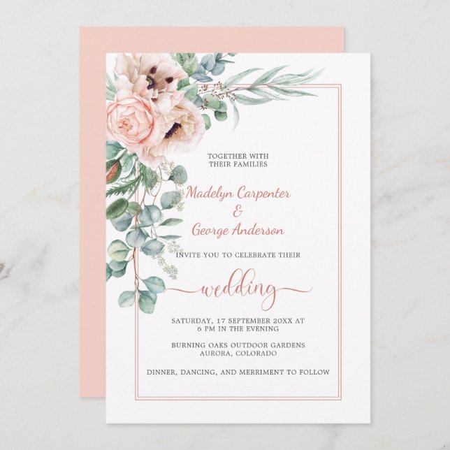 Blush Pink Ivory Poppies and Peonies Frame Wedding Invitation (Front/Back)