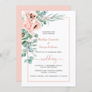 Blush Pink Ivory Poppies and Peonies Frame Wedding Invitation