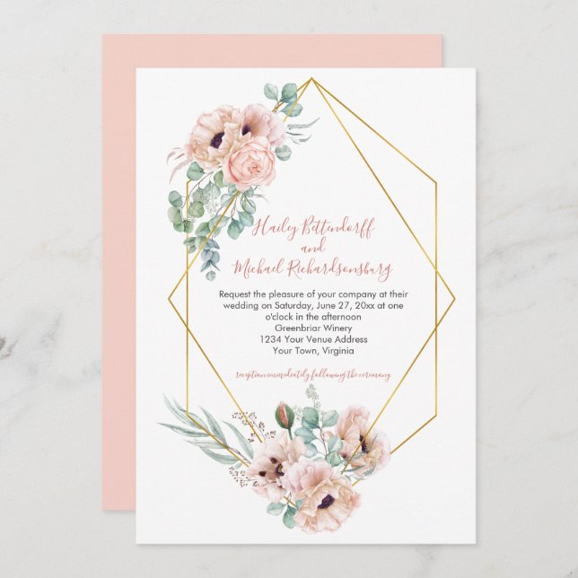 Blush Pink Ivory Poppies Greenery Gold Geometric Invitation (Front/Back)