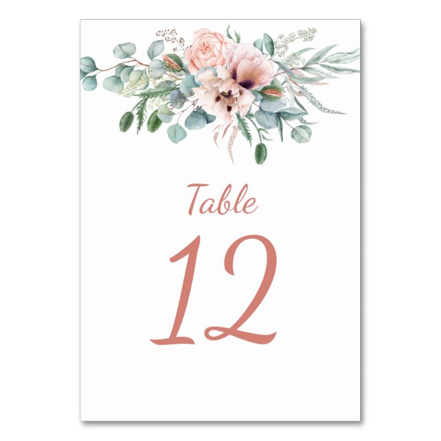Blush Pink Ivory Poppies Table Number (Front)
