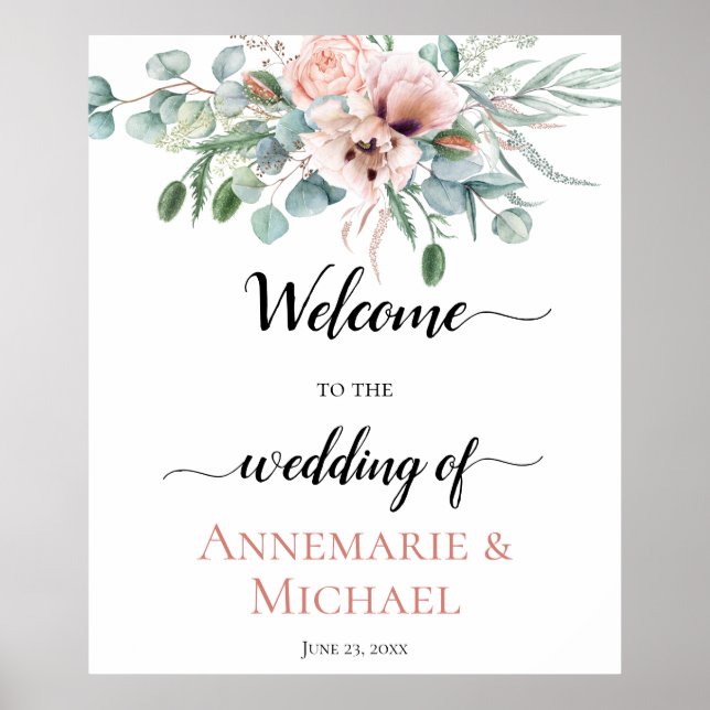 Blush Pink Ivory Poppy Peony Floral Wedding Sign (Front)