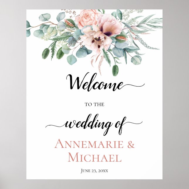 Blush Pink Ivory Poppy Peony Floral Wedding Sign (Front)
