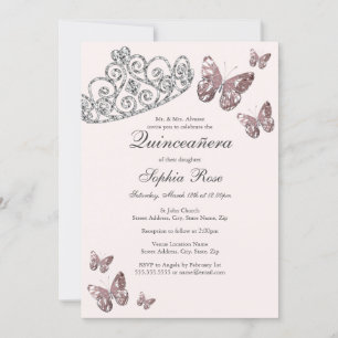 Blush Pink Jewel Tiara Butterfly Quinceanera  Invitation
