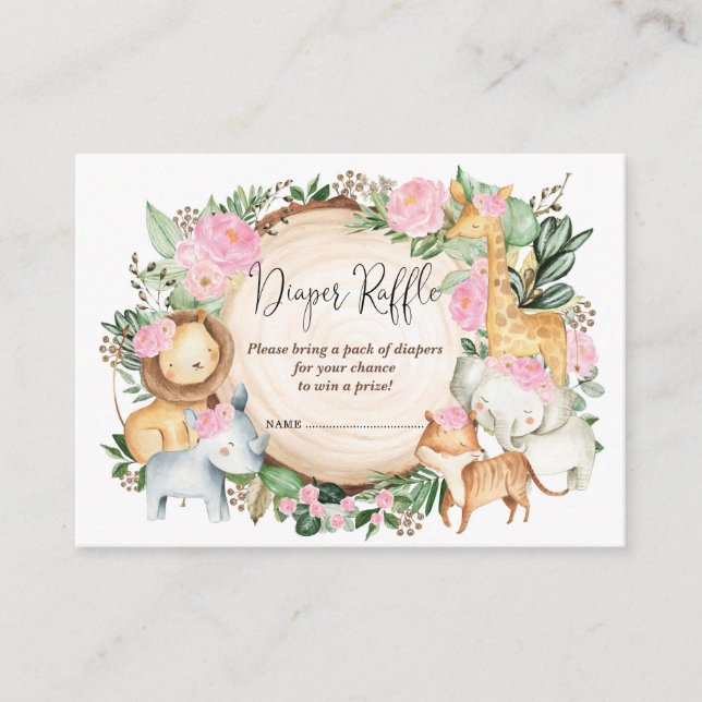 Blush Pink Jungle Safari Baby Girl Diaper Raffle Enclosure Card (Front)