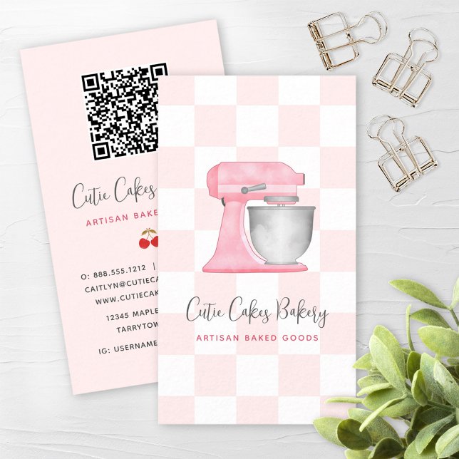 Blush Pink Kitchen Mixer Chequered QR Code Bakery Business Card (Creator Uploaded)