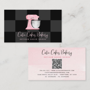 Blush Pink Kitchen Mixer QR Code Black Chequered Business Card