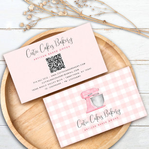 Blush Pink Kitchen Mixer QR Code Gingham Bakery Business Card