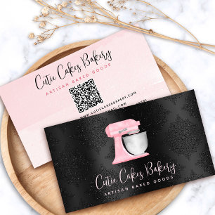 Blush Pink Kitchen Mixer QR Code on Black Bakery Business Card