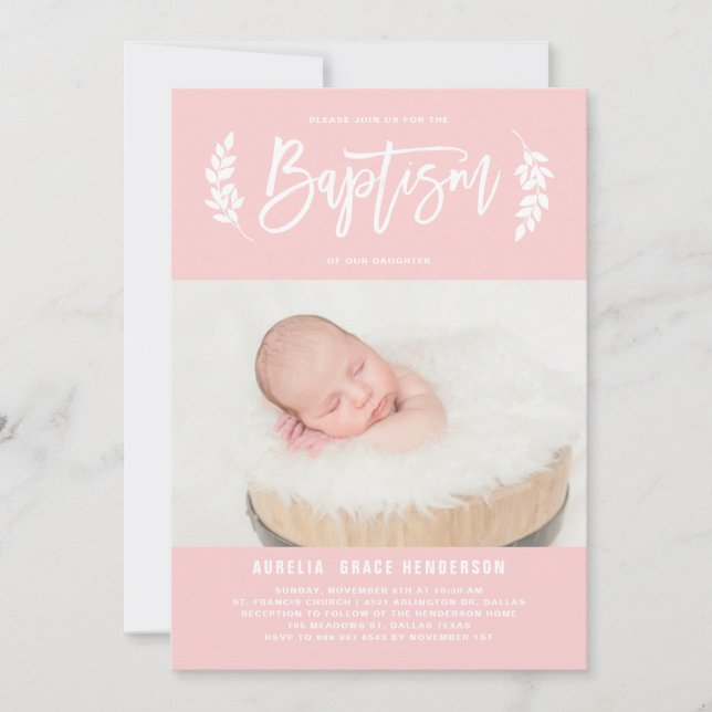 Blush Pink Laurel Wreath Photo Baptism Invitation (Front)