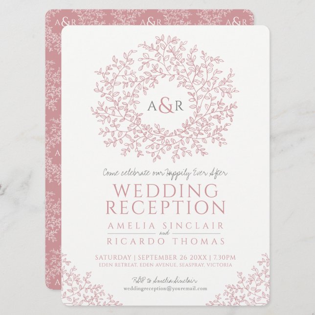 Blush pink leaf monogram art wedding reception invitation (Front/Back)