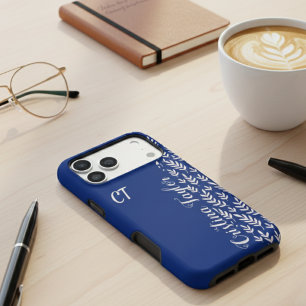 Blush pink Leaf pattern on Blue monogrammed iPhone 16 Pro Max Case