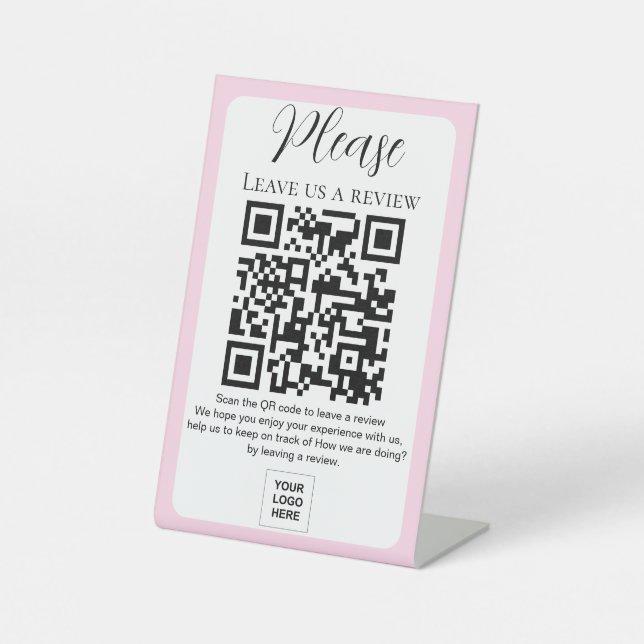 Blush Pink Leave us a review QR code Pedestal Sign (Front)
