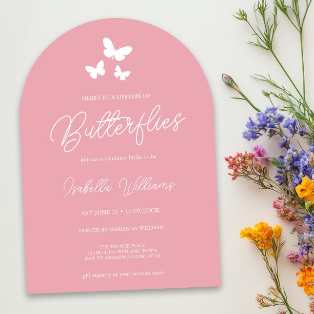 Blush Pink Lifetime of Butterflies Bridal Shower Invitation (The invitation is shown in a 5x7 inch arch-shaped.. Personalize it for a memorable bridal shower.)