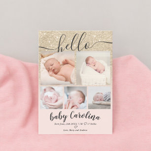 blush pink light gold 5 grid photo baby girl birth announcement