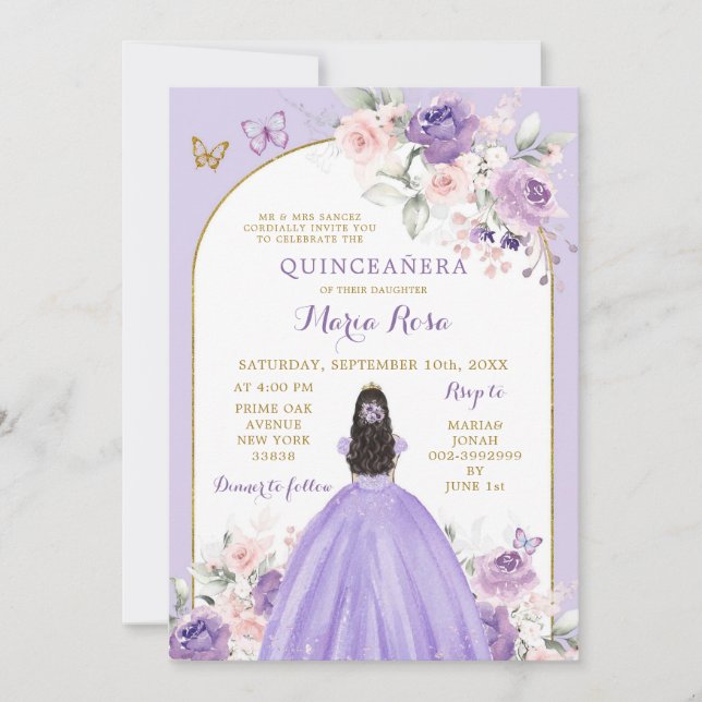 Blush Pink Lilac Floral Princess Quinceañera Invitation (Front)