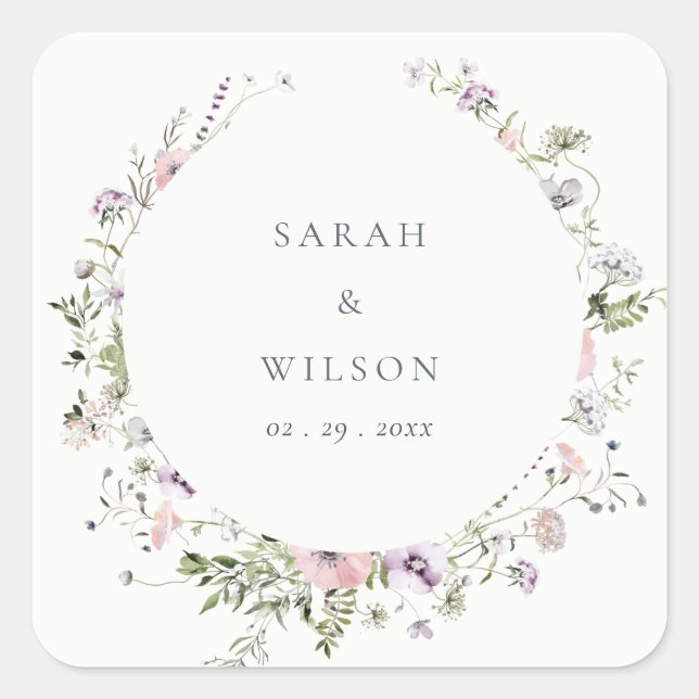 Blush Pink Lilac Wildflower Circle Frame Wedding Square Sticker (Front)