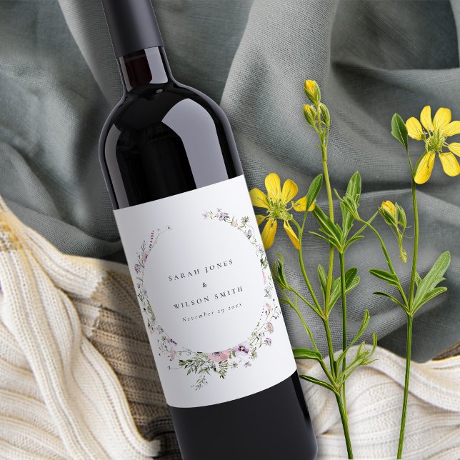 Blush Pink Lilac Wildflower Circle Frame Wedding  Wine Label (Creator Uploaded)