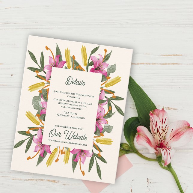 Blush Pink Lily Botanical Wedding Information Enclosure Card (Blush Pink Lily Botanical Wedding Details Card | Romantic Watercolor Floral Information Insert Card)