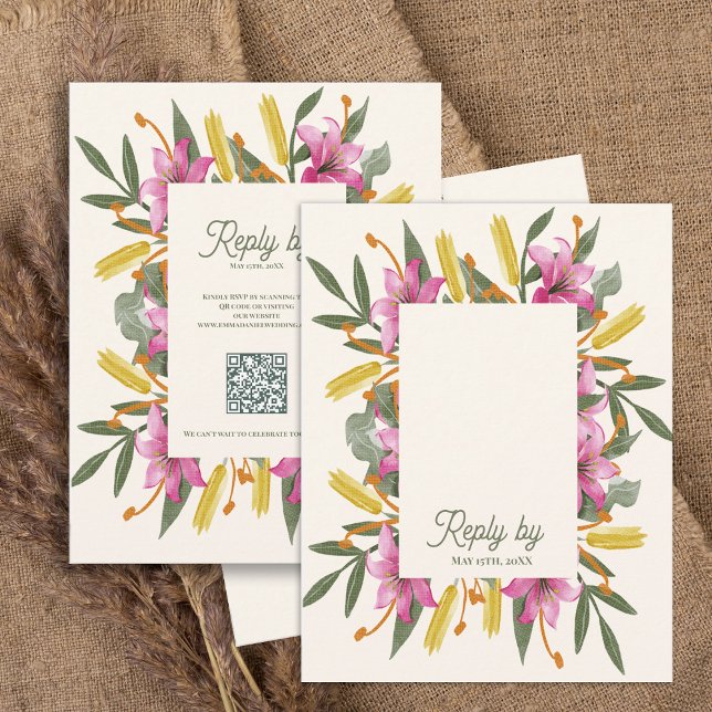 Blush Pink Lily QR Code Botanical Floral Wedding RSVP Card (Blush Pink Lily Botanical Wedding RSVP Card with QR Code | Romantic Watercolor Floral Response Card)