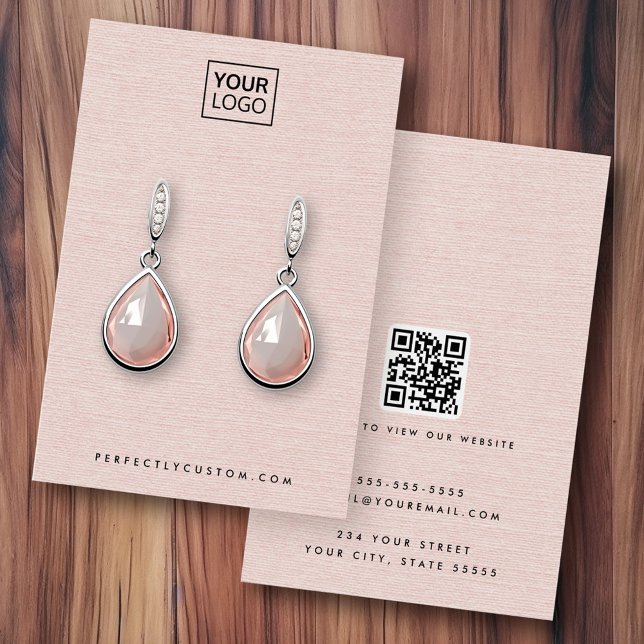 Blush pink linen look logo QR earring display card (Blush pink linen look logo QR earring display card)
