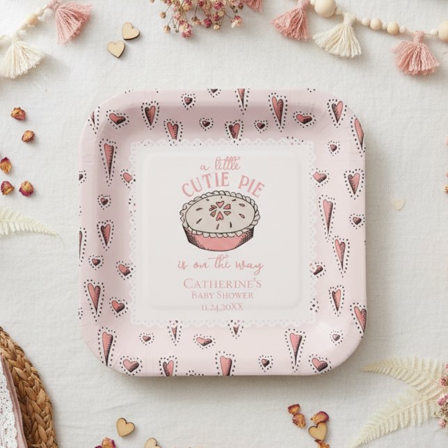 Blush Pink Little Cutie Pie Fall Baby Girl Shower Paper Plate (Cute Thanksgiving Baby shower  A Little Cutie Pie Pink Square Paper Plates with Autumn Pie & Hearts)