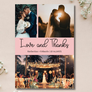 Blush Pink Love & Thanks Three Photo Wedding Card