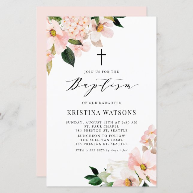 Blush Pink Magnolia and Hydrangea Baptism Invite (Front/Back)